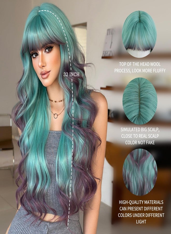 7JHH WIGS 31in Turquoise Long Wavy Bangs Purple Highlight Wigs Mixed Light Green Ombre Lavender Purple Heat Resistant Synthetic Fiber Women Wavy Curly Wigs for Christmas Daily Party Daily Used - Image 2